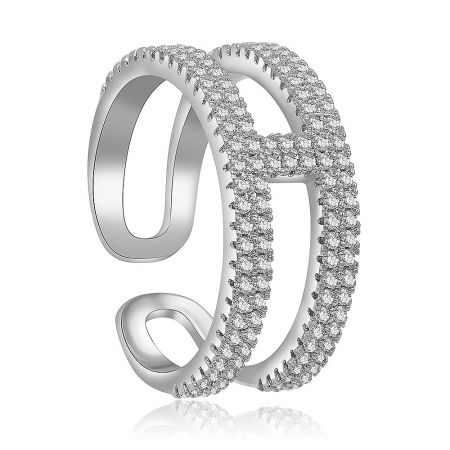 H Design Pave CZ Ring worn on a finger to display its modern style and fit.