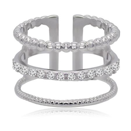 Unique Open CZ Wide Band Ring - A close-up of the Unique Open CZ Wide Band Ring, showcasing its three-layer design and sparkling cubic zirconia stones, next to a plain silver band.