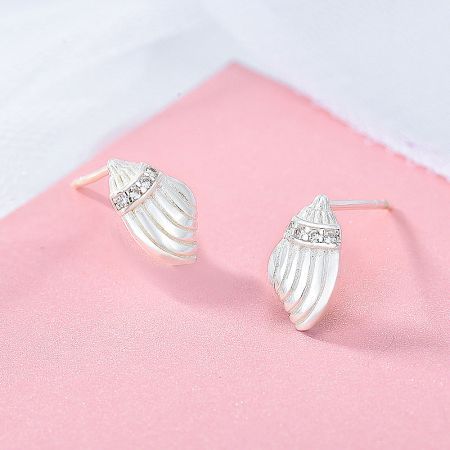 925 Sterling Silver Seashell Conch Stud Earrings (5 Pairs) - A pair of 925 sterling silver seashell conch stud earrings, intricately detailed and adorned with sparkling clear stones, displayed on a clean white background.