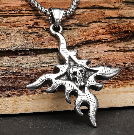 Fire Flame Necklace For Men - Detailed view of the Fire Flame Necklace for men, showcasing a polished stainless steel skull pendant enveloped in intricate flame designs, hanging from a sturdy chain.
