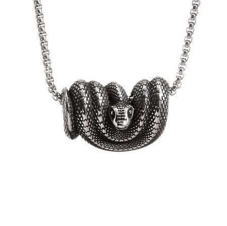 Men's Snake Necklace - Detailed close-up of a men's stainless steel snake necklace pendant, showing the intricate scale texture and coiled design.