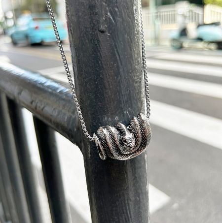 Front view of the silver snake pendant necklace for men.