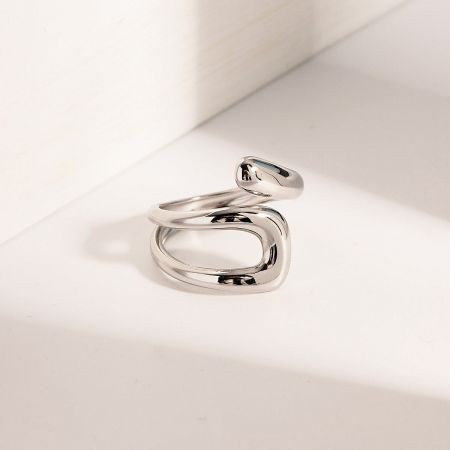 Close-up of a stainless steel ring with a unique snake-like curve design.