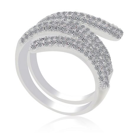 Snake Curve Ring - A close-up of the Snake Curve Ring, showcasing its distinctive S-shaped design made of silver-colored brass and heavily embellished with sparkling cubic zirconia gemstones.