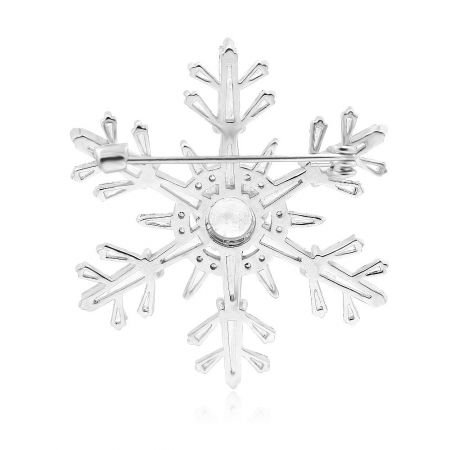Back view of the silver snowflake brooch showing the secure roller pin catch.