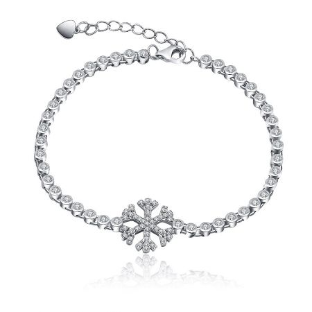 Snowflake Tennis Bracelet - A detailed product shot of the Snowflake Tennis Bracelet, showcasing its intricate cubic zirconia snowflake charms and polished rhodium-plated finish.