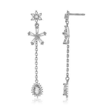 Side view of the Clear Pear Drop Dangle Chandelier Earrings, showcasing the snowflake-like cluster of brilliant cubic zirconia.