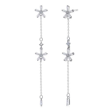 Close-up shot of the Flower Baguette-Cut Diamond Dangle Earrings, showing the intricate starburst design and sparkling clear crystals.