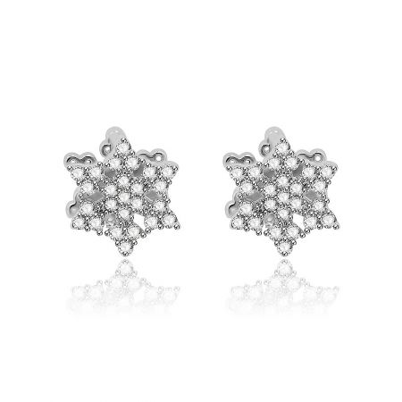 Snowflake CZ Huggie Earrings - A pair of Snowflake CZ Huggie Earrings in silver, featuring clear gemstone-adorned snowflake charms, presented on a clean white background.