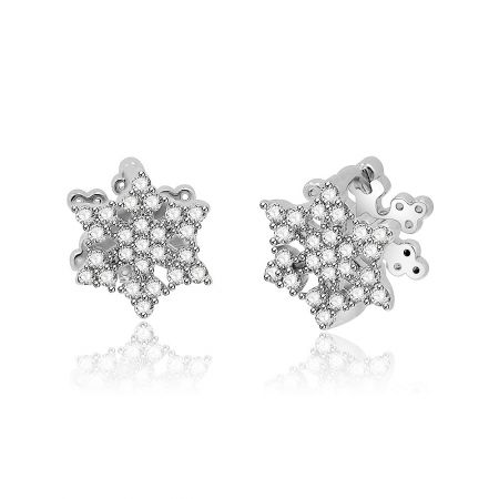 Close-up shot of the rhodium-plated Snowflake CZ Huggie Earrings, highlighting the sparkling cubic zirconia stones.