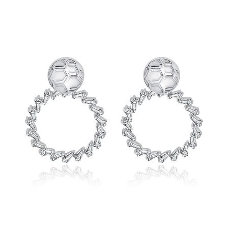 Wholesale Hammered Drop Earrings with Cubic Zirconia - Close-up of wholesale hammered drop earrings with a unique soccer ball-inspired top and a hoop of sparkling baguette-cut cubic zirconia stones.