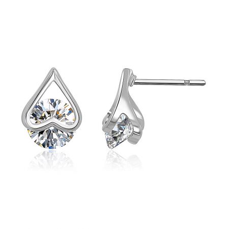 An alternative angle view of the Silver Heart Ear Studs, highlighting the sparkle of the central CZ stone.