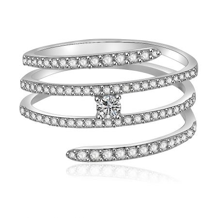 Multi-Row White CZ Ring - A close-up of the multi-row white CZ ring, showcasing its distinctive spiral design with three bands set with shimmering cubic zirconia stones on a rhodium-plated brass base.