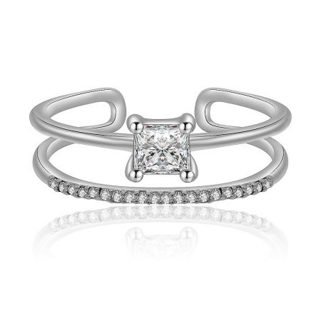 Princess Cut Ring Wrap Enhancer Ring - A Princess Cut Ring Wrap Enhancer Ring showcasing a unique split-band design with a central square-cut cubic zirconia, plated in rhodium for a brilliant shine.