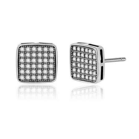 Side angle view of the silver square stud earrings, showing the thickness and post closure mechanism.