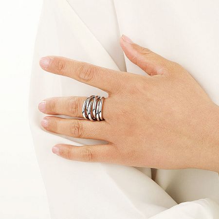 Product shot of the silver vintage multi-layered cuff open ring.