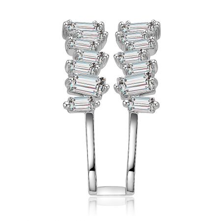 Silver earrings with a staggered arrangement of five rectangular gemstones, reflecting the ring's modern aesthetic.