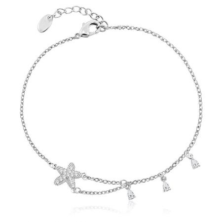 Dainty CZ Starfish Bracelet In Rhodium - Close-up of the Dainty CZ Starfish Bracelet in Rhodium, showcasing the sparkling cubic zirconia stones on the starfish charm and the delicate brass chain.