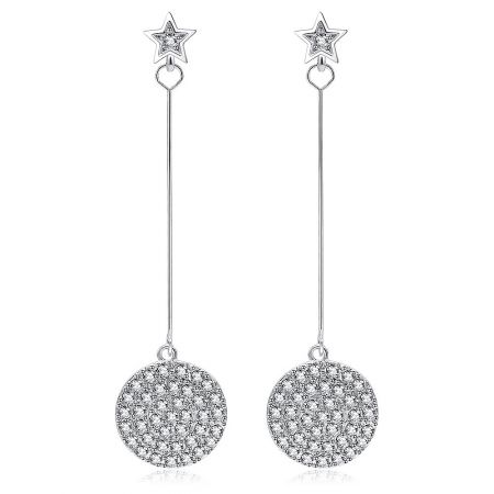 Bar Round Disc Drop Earrings - A pair of Bar Round Disc Drop Earrings with rhodium plating, featuring a star-shaped top and a circular bottom disc paved with sparkling white cubic zirconia.