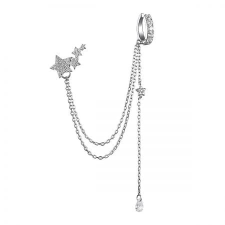 Detailed product photo of the sterling silver star ear cuff with a teardrop charm on the tassel.