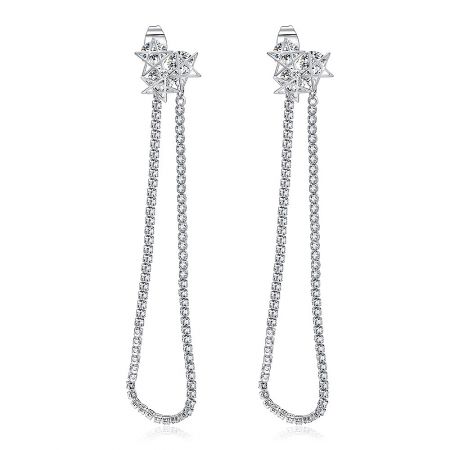 Dangle & Drop Triple Star Earrings - A pair of Dangle & Drop Triple Star Earrings, featuring a star-shaped top and a cascading chain design, crafted from rhodium-plated brass and adorned with white cubic zirconia stones.