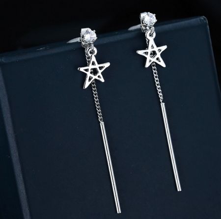 Silver version of the Star Chain Dangle Line Earrings, showcasing intricate chain details and clear gemstone studs.
