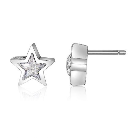 Detailed view of the silver star earrings showcasing the sparkling clear crystals.