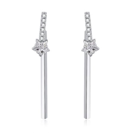 Star Bar Drop Earrings - A pair of modern Star Bar Drop Earrings, crafted from rhodium-plated brass, featuring a sparkling white cubic zirconia star motif and a delicate bar drop.