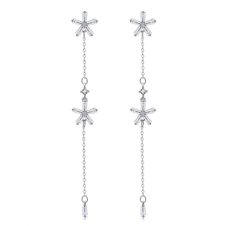 Flower Baguette-Cut Diamond Dangle Earrings - A pair of Flower Baguette-Cut Diamond Dangle Earrings, showcasing a multi-component design with star-shaped tops and dangling crystals on a white background.