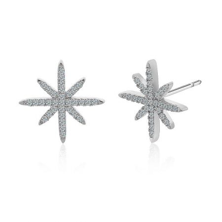 Detailed view of the silver eight-pointed star earrings, highlighting the brilliant cubic zirconia embellishments.