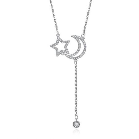 Detailed view of the rhodium-plated moon and star pendant necklace on a white background.