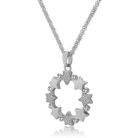 The circular hollow pendant with star shapes and small crystals, showcasing the craftsmanship of the necklace.