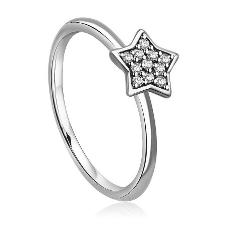 Side view of the sterling silver star ring, highlighting its delicate band and the brilliant cubic zirconia stones.