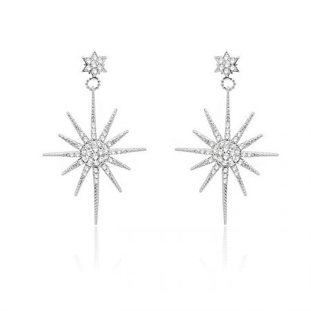 Latelita Rhodium Star Bridal Earrings - A pair of Latelita Rhodium Star Bridal Earrings with a starburst design, featuring sparkling AAA-grade cubic zirconia on a rhodium-plated brass base.