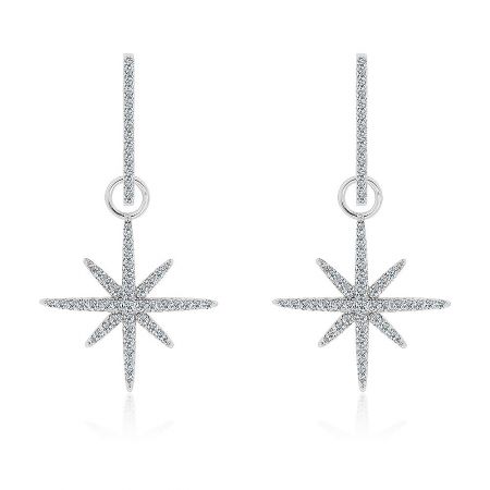 Silver Pave Diamond Starburst Dangle Earring - A pair of Silver Pave Diamond Starburst Dangle Earrings, showcasing the intricate starburst design with sparkling cubic zirconia encrustation on a white background.