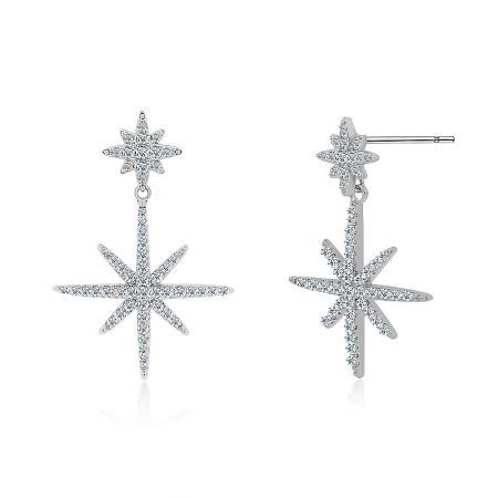 Detailed view of the Double Starburst Drop Earrings showcasing the intricate cubic zirconia setting.
