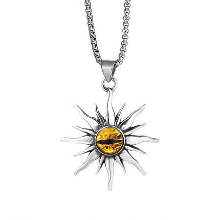 Evil Eye Sunburst Pendant Necklace - Evil Eye Sunburst Pendant Necklace for men, featuring a silver sun-shaped pendant with a central yellow gemstone on a stainless steel chain.