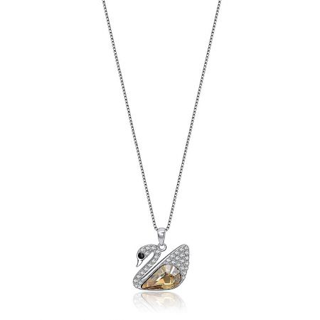 Sunshine Yellow Swarovski Stone Swan Pendant Necklace for Women - A close-up of the Sunshine Yellow Swarovski Stone Swan Pendant Necklace, showing the silver swan shape with a large golden gemstone and detailed crystal accents.