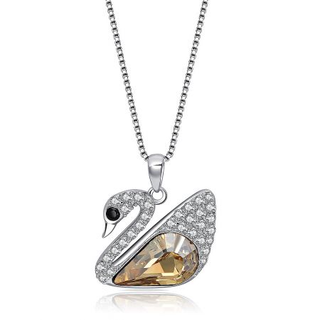 Full view of the silver swan pendant necklace featuring clear and golden Swarovski gemstones on a silver chain.