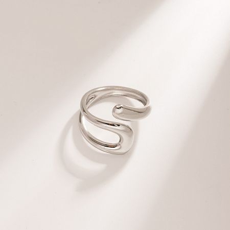 Stainless Steel Geometric Curve Open Rings - Set of 5 - A stylish stainless steel open ring with a geometric swirl design, part of a set of 5.