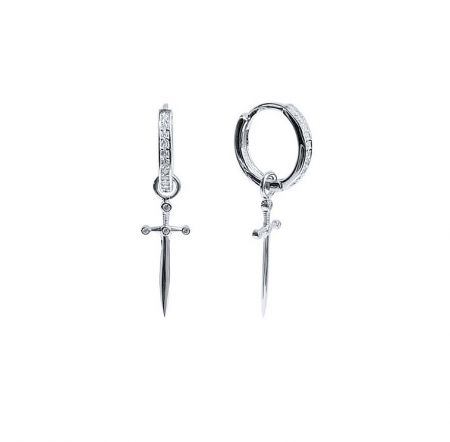 A pair of silver sword-shaped huggie earrings with a minimalist design and cross-shaped hilt.