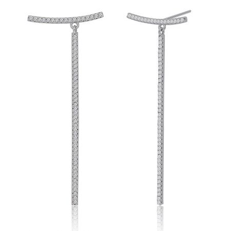 Close-up shot of the sterling silver T-bar dangle earrings, highlighting the brilliance of the cubic zirconia stones.