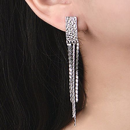 Close-up view of a single silver tassel earring, showing the intricate chain details.