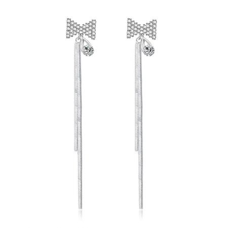 Bow Long Snake Chain Drop Earrings - A pair of Bow Long Snake Chain Drop Earrings, featuring silver bow-shaped tops with cubic zirconia and elegant long snake chain tassels.