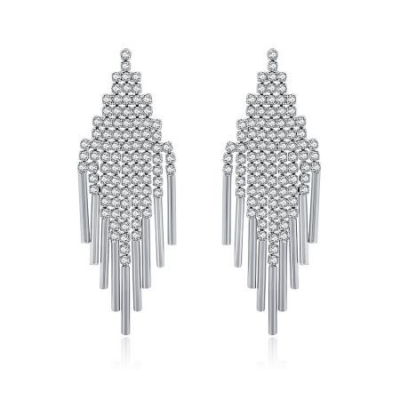 Waterfall Crystal Dangle Earrings - Front view of the Waterfall Crystal Dangle Earrings, featuring a triangular crystal top and a shimmering silver tassel design.