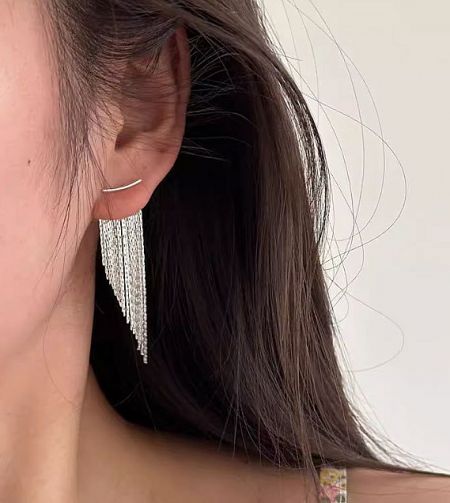 Close-up view of the 925 Sterling Silver Tassel Dangle Earring, highlighting the delicate tassel chains and silver plating.