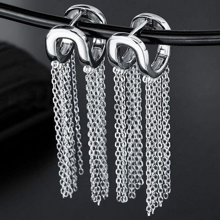S925 Sterling Silver Short and Long Chain Tassel U-Shaped Earrings (Set of 5 Pairs) - A close-up of the S925 Sterling Silver Short and Long Chain Tassel U-Shaped Earrings, showcasing the glossy finish and modern design.