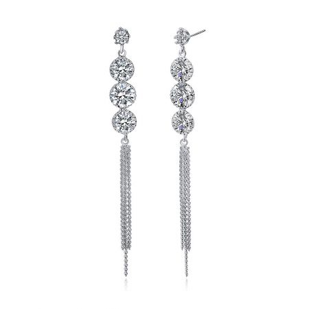 Close-up of the dangle design showcasing the clear gemstones and fine silver tassels.