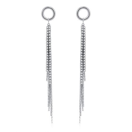 Chain CZ Tassel Chandelier Earrings - A pair of Chain CZ Tassel Chandelier Earrings, featuring long silver tassel strands and sparkling clear cubic zirconia stones, on a white background.