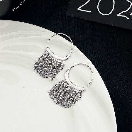 Detailed studio shot of the silver C-hook tassel earrings against a white background.